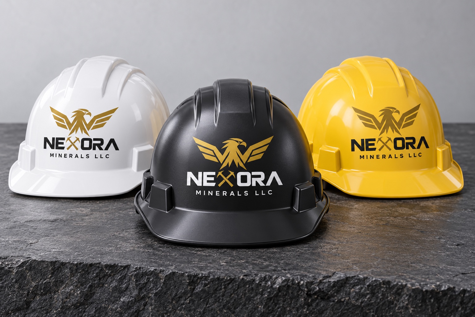 Imagen conceptual: Cascos blancos, negros y amarillos con identidad NEXORA