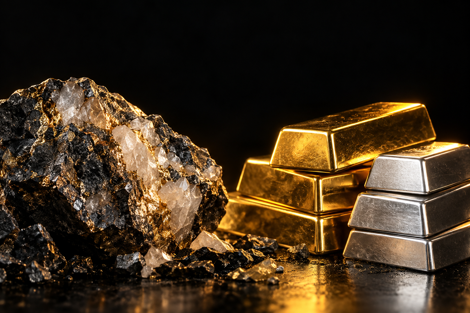 Ilustración conceptual de roca mineralizada y metales refinados